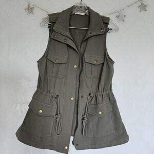 Doe & Rae Small Olive Green 100% Gauze Cotton Sleeveless Utility Jacket Safari